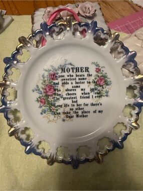 Source Unknown Porcelain Mother Plate with Pink Roses and Blue Trim